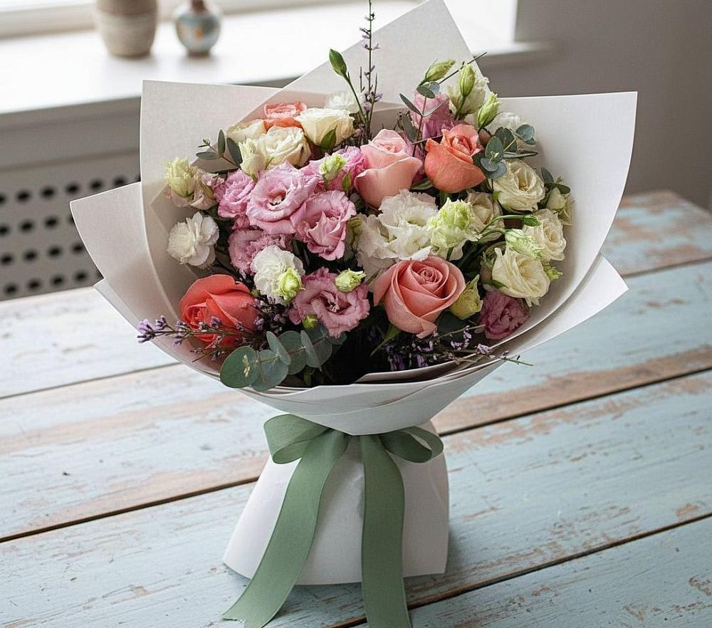 Букет цветов из: Розы, Лизиантусы и Гвоздики в Ибреси