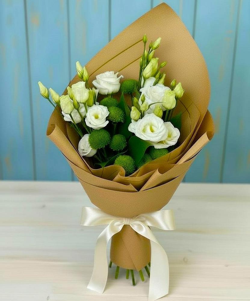 Букет цветов из: Хризантемы и Лизиантусы в Ибреси