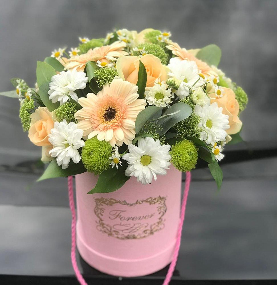 Цветочная композиция из Розы, Герберы и Хризантемы в шляпной коробке в Ибреси